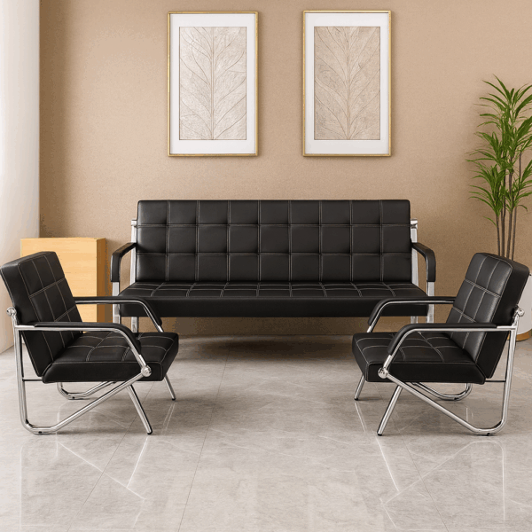 Black Leather & Chrome Executive Waiting Area Sofa Set
