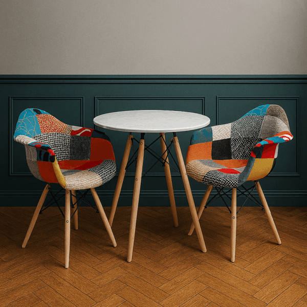 Round Wooden 2-Seater Dining Set with Patchwork Armchairs