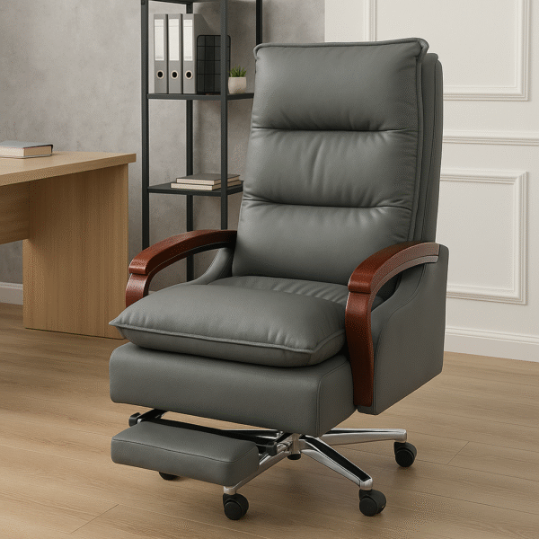 Executive Recliner Office Chair with Footrest and Wooden Armrests
