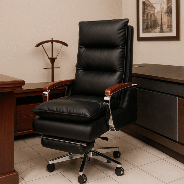 Executive Black Leather Reclining Office Chair with Wooden Armrests