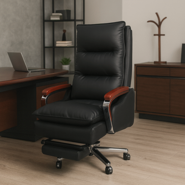 Executive Black Leather Reclining Office Chair with Wooden Armrests