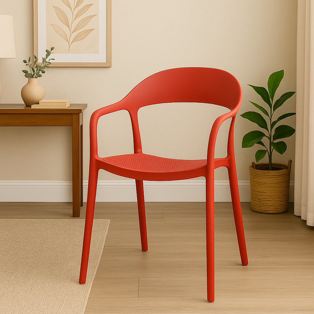 Red bistro plastic chair with armrests in a stylish indoor setup.