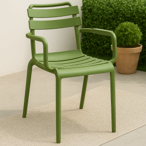 Olive green bistro plastic chair with armrests in a modern patio setup.
