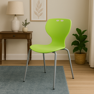 AeroFlex Bistro Student Chair in luminous green with metal legs, placed in a cozy indoor setting.