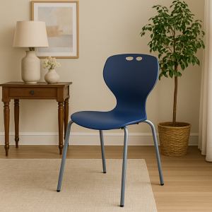 AeroFlex Bistro Student Chair in navy blue with metal legs, displayed in a bright room setting.