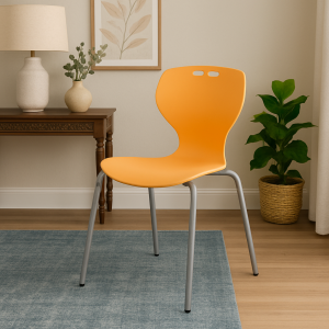 Orange bistro plastic chair with metal legs in a cozy indoor setup.