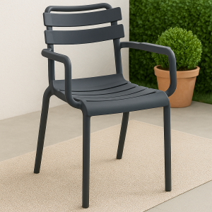 Dark grey bistro plastic chair with slatted back and armrests placed in a stylish outdoor café setting.