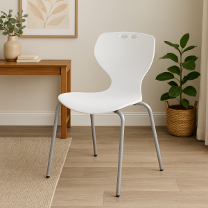 White bistro plastic chair with metallic legs in a modern indoor setup