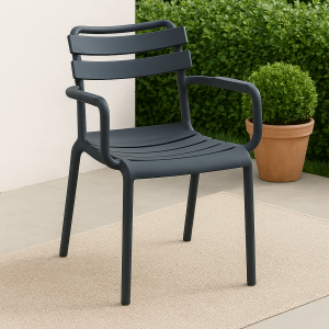 Black bistro plastic chair with armrests in a stylish café setting.
