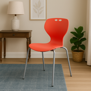 Red bistro plastic chair with metal legs in a modern home interior.
