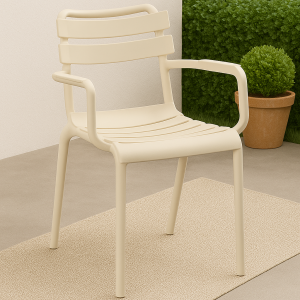 Beige bistro plastic chair with armrests in a modern indoor café setting.