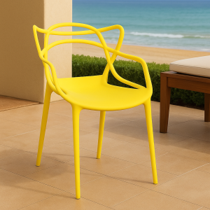 A bright yellow bistro plastic chair ideal for cafés, patios, and modern outdoor seating.