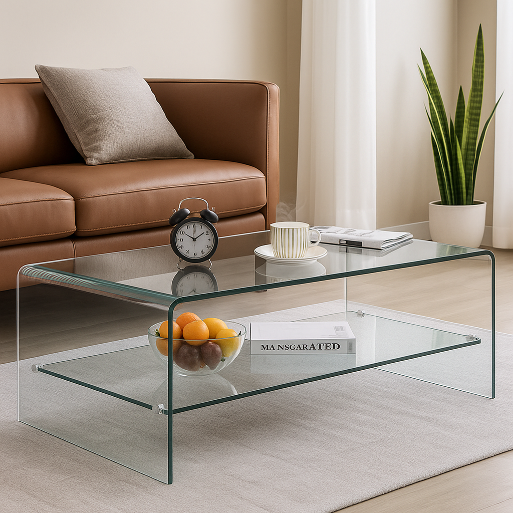 Modern bent glass coffee table with a clear curved design and lower shelf in a stylish living room