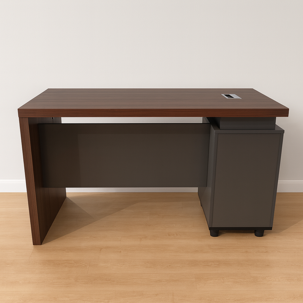 Executive 1.4M MDF office desk with 3 drawers in a modern office interior.