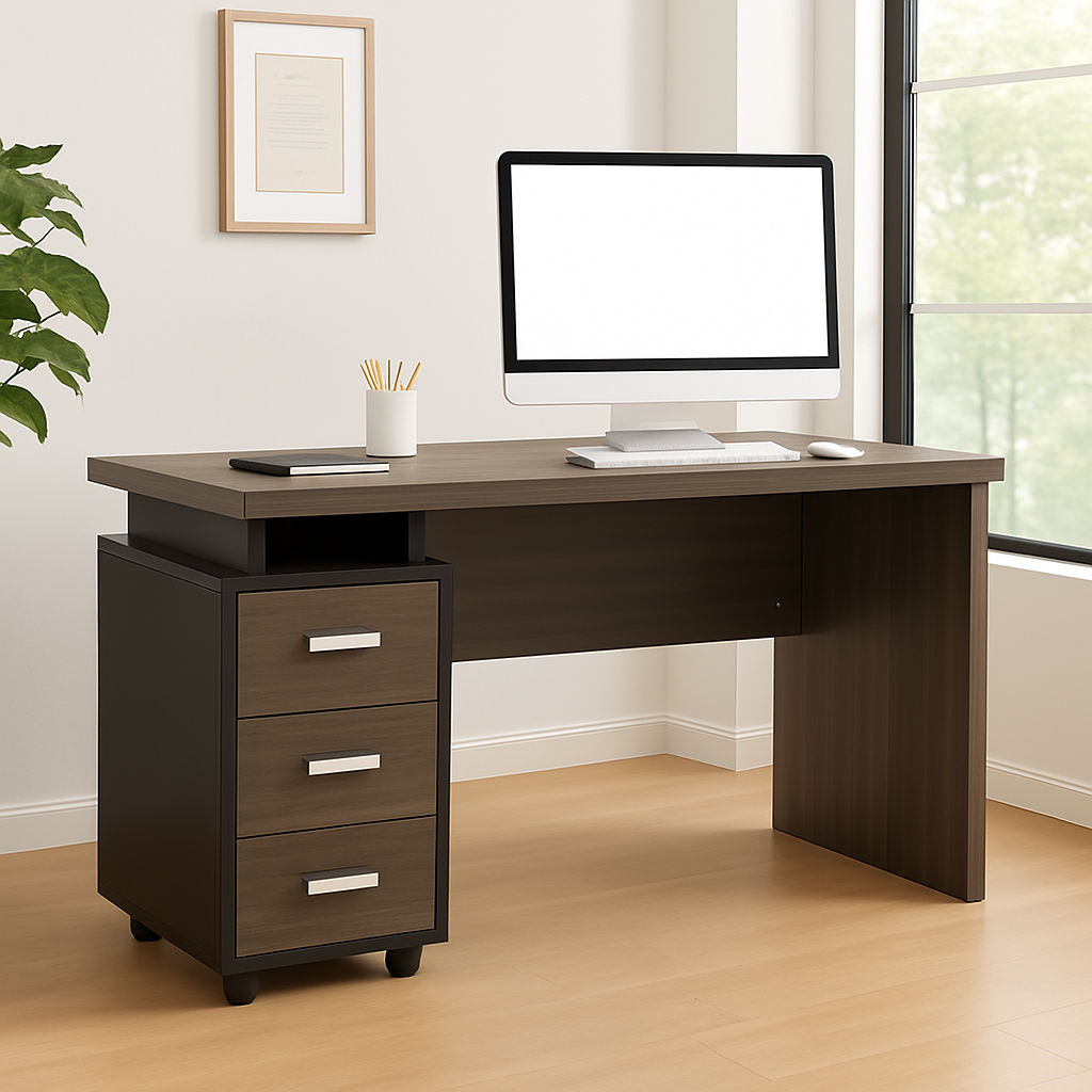 Executive 1.4M 3-Drawer Office Desk in a modern office setup with wooden finish