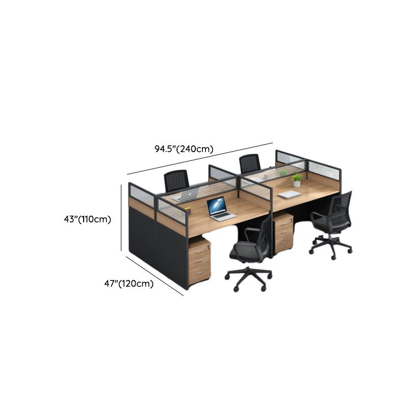 A modern 4-seater office workstation from Pogo Furniture in a bright office, with four people working collaboratively at their desks.