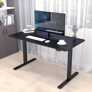 Electric height adjustable standing desk with black tabletop and metal frame