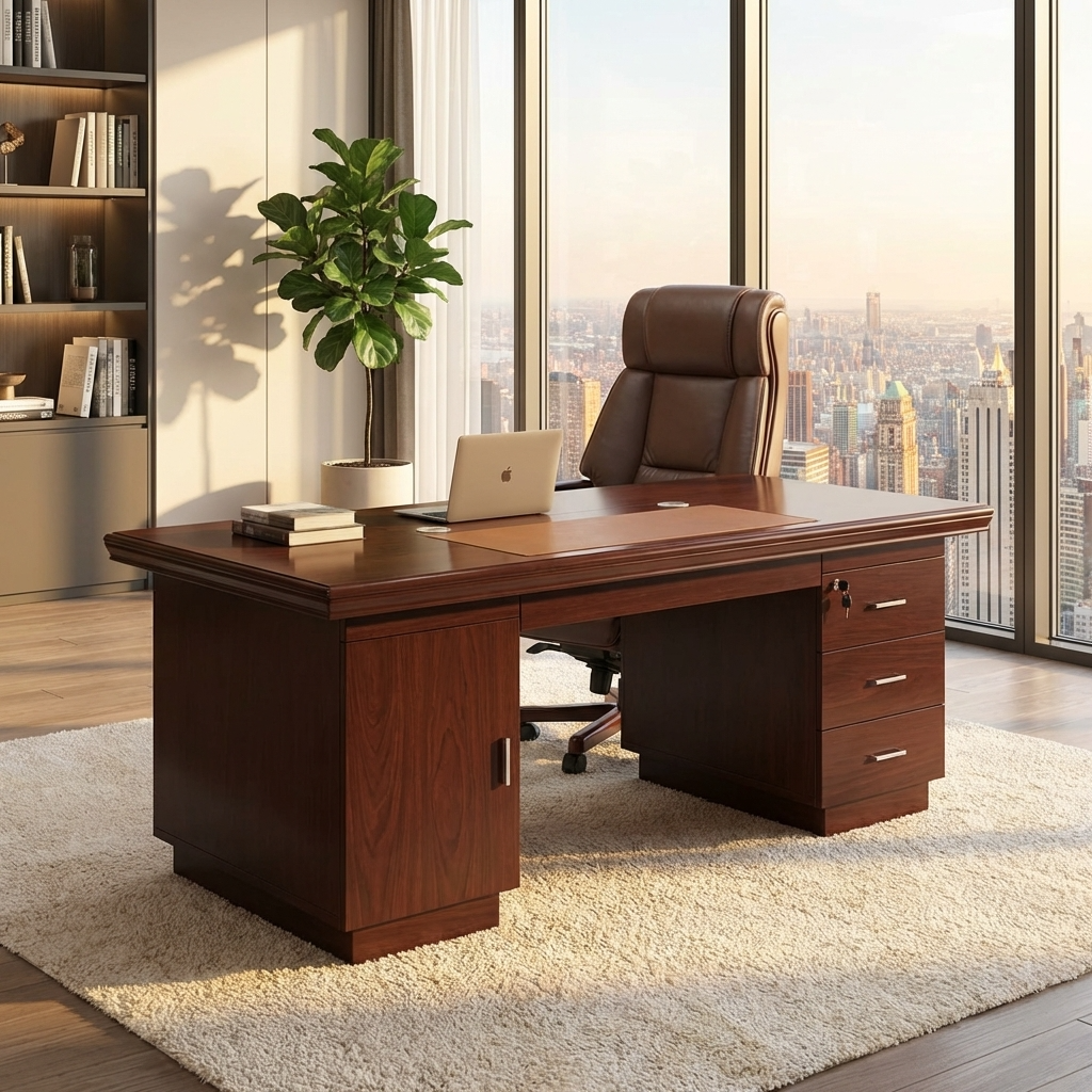 A 1.4-meter executive office desk in a classic mahogany finish with a set of fixed drawers.