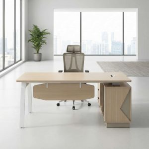 1.8M modern executive office desk with side storage and drawers in light oak finish