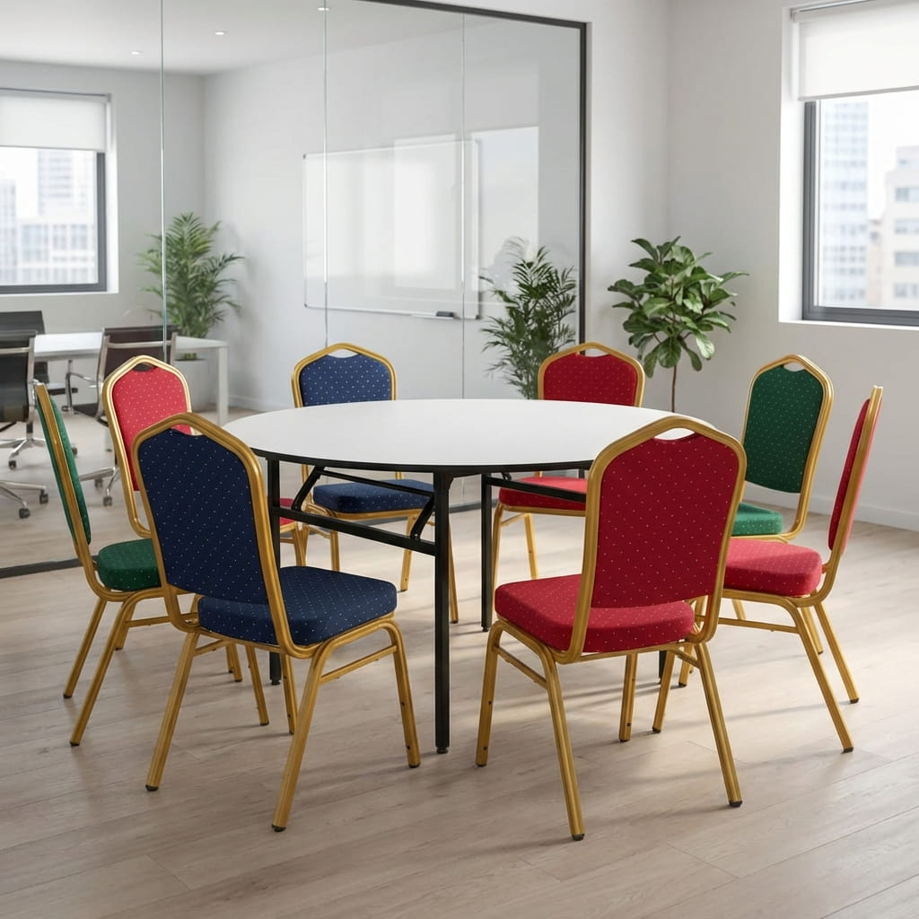 1.5M round conference table with foldable metal legs and sturdy steel frame