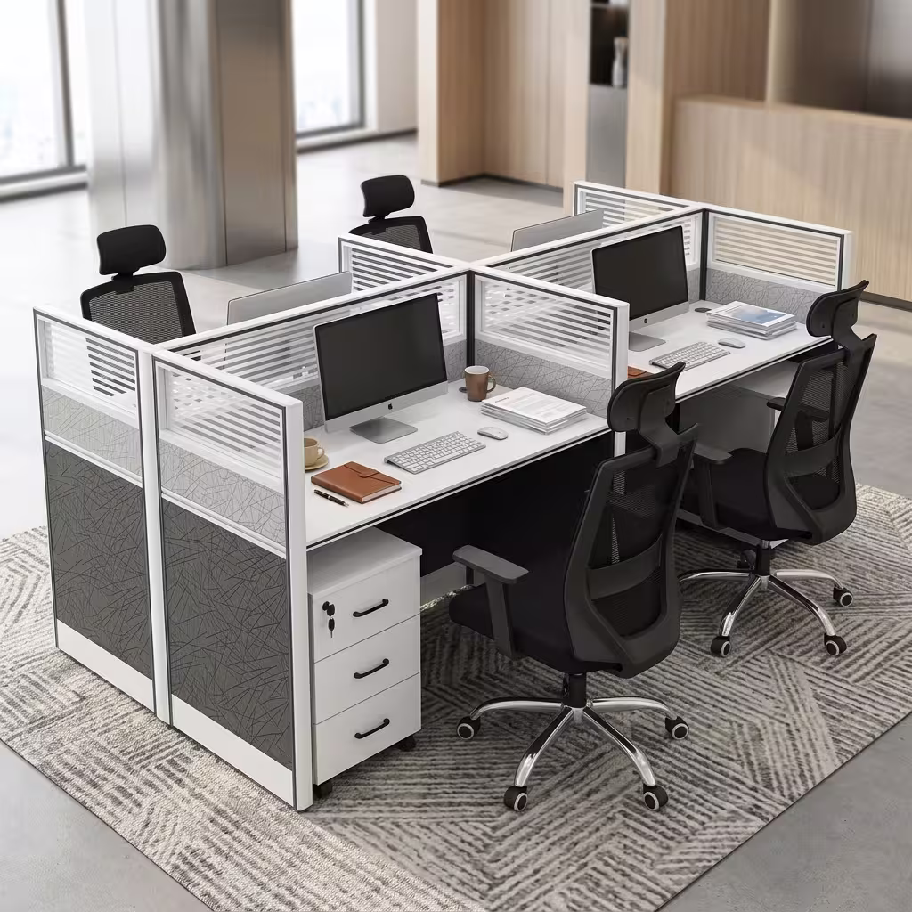 A 4-Way Office Workstation featuring white desk surfaces, charcoal privacy dividers with frosted slatted glass inserts, and four white three-drawer pedestals.