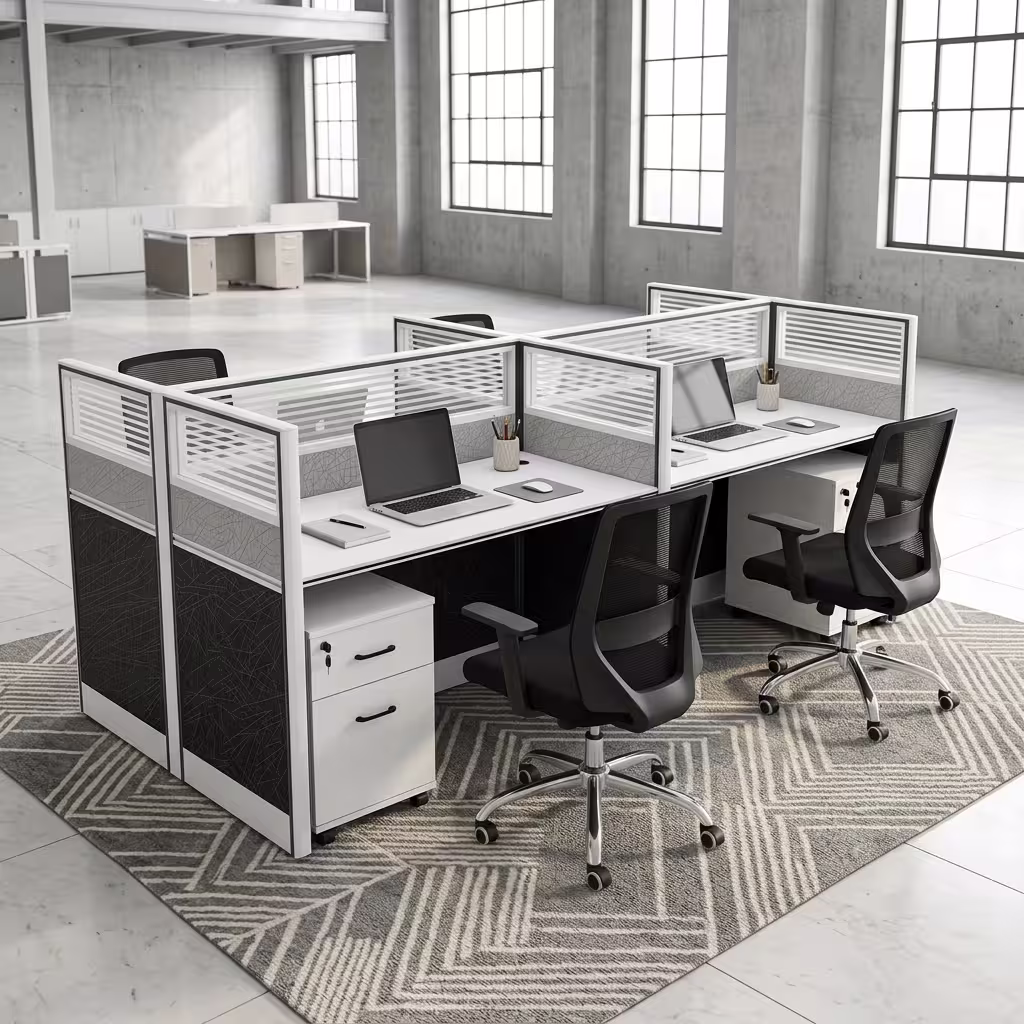 A 4-Way Office Workstation featuring white desk surfaces, charcoal privacy dividers with frosted slatted glass inserts, and four white three-drawer pedestals.