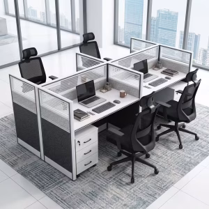 A 4-Way Office Workstation featuring white desk surfaces, charcoal privacy dividers with frosted slatted glass inserts, and four white three-drawer pedestals.