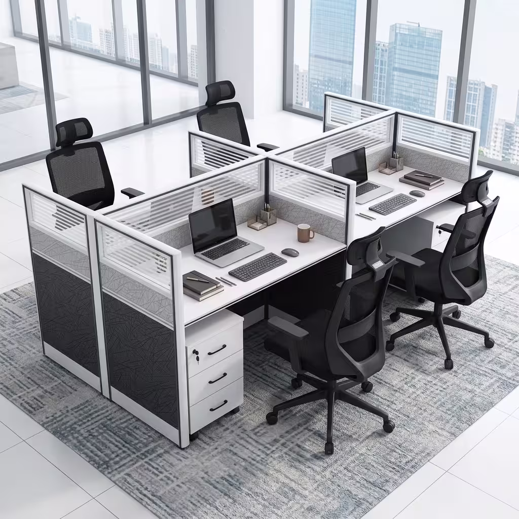 A 4-Way Office Workstation featuring white desk surfaces, charcoal privacy dividers with frosted slatted glass inserts, and four white three-drawer pedestals.