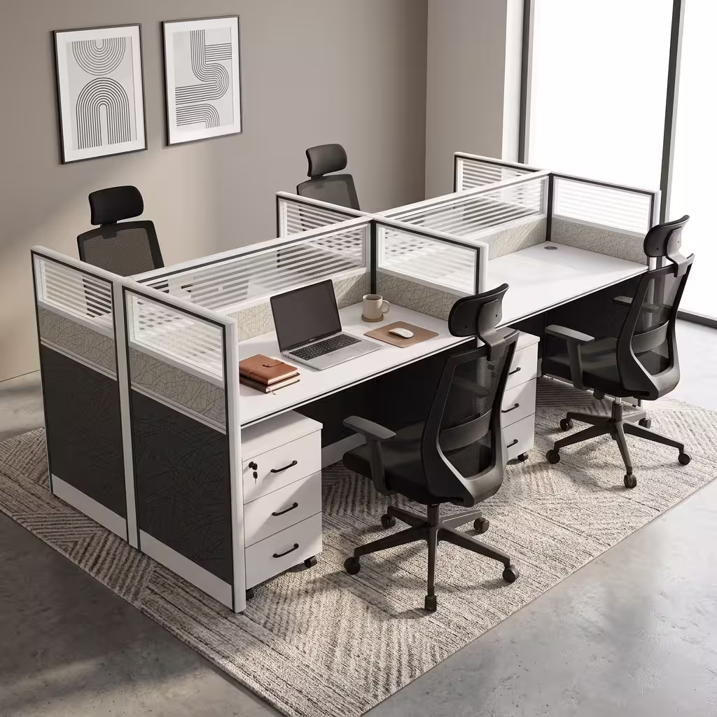 A 4-Way Office Workstation featuring white desk surfaces, charcoal privacy dividers with frosted slatted glass inserts, and four white three-drawer pedestals.
