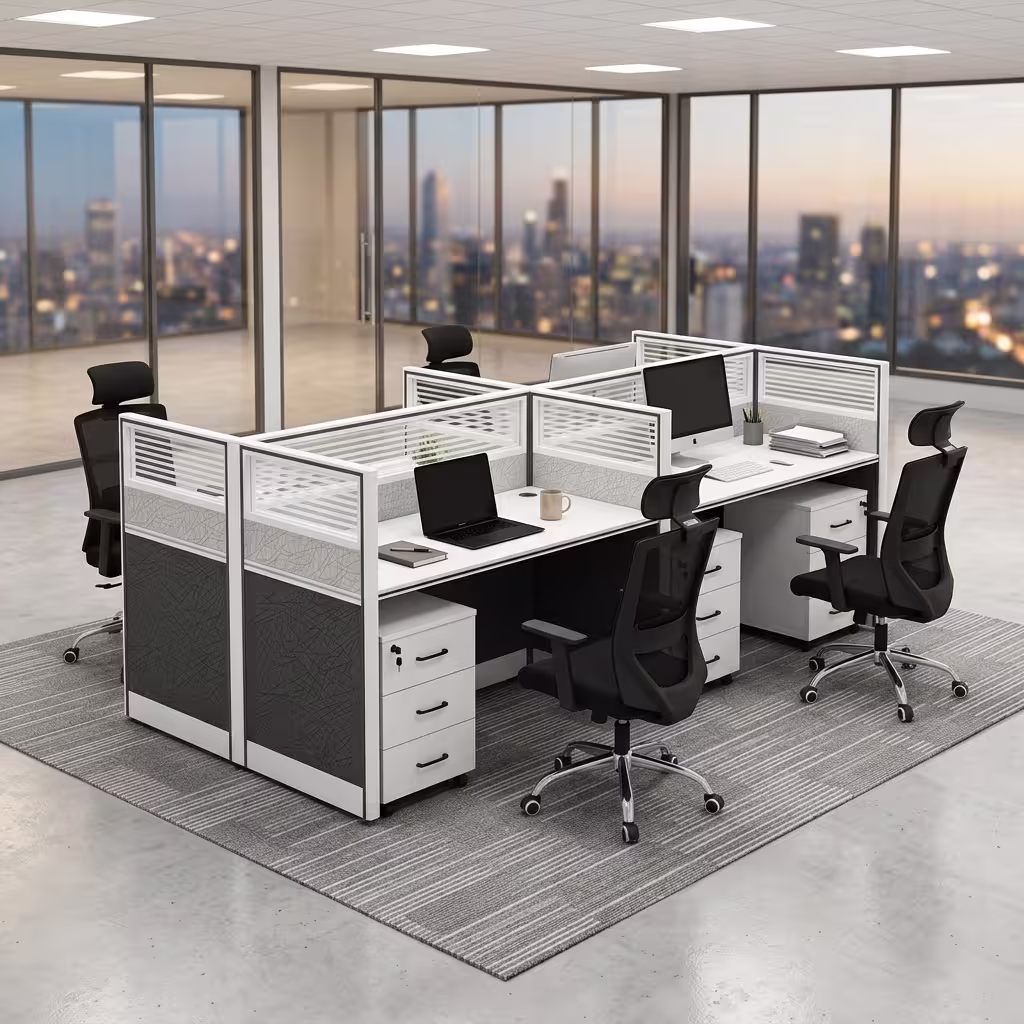 A 4-Way Office Workstation featuring white desk surfaces, charcoal privacy dividers with frosted slatted glass inserts, and four white three-drawer pedestals.