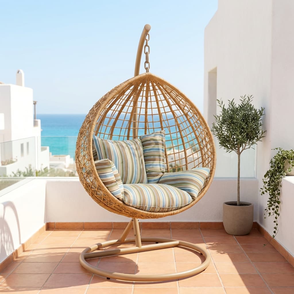 Modern hanging egg chair with cushions designed as a hammock swing