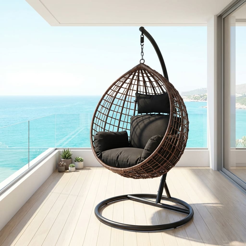 Modern hanging egg chair with cushions designed as a hammock swing