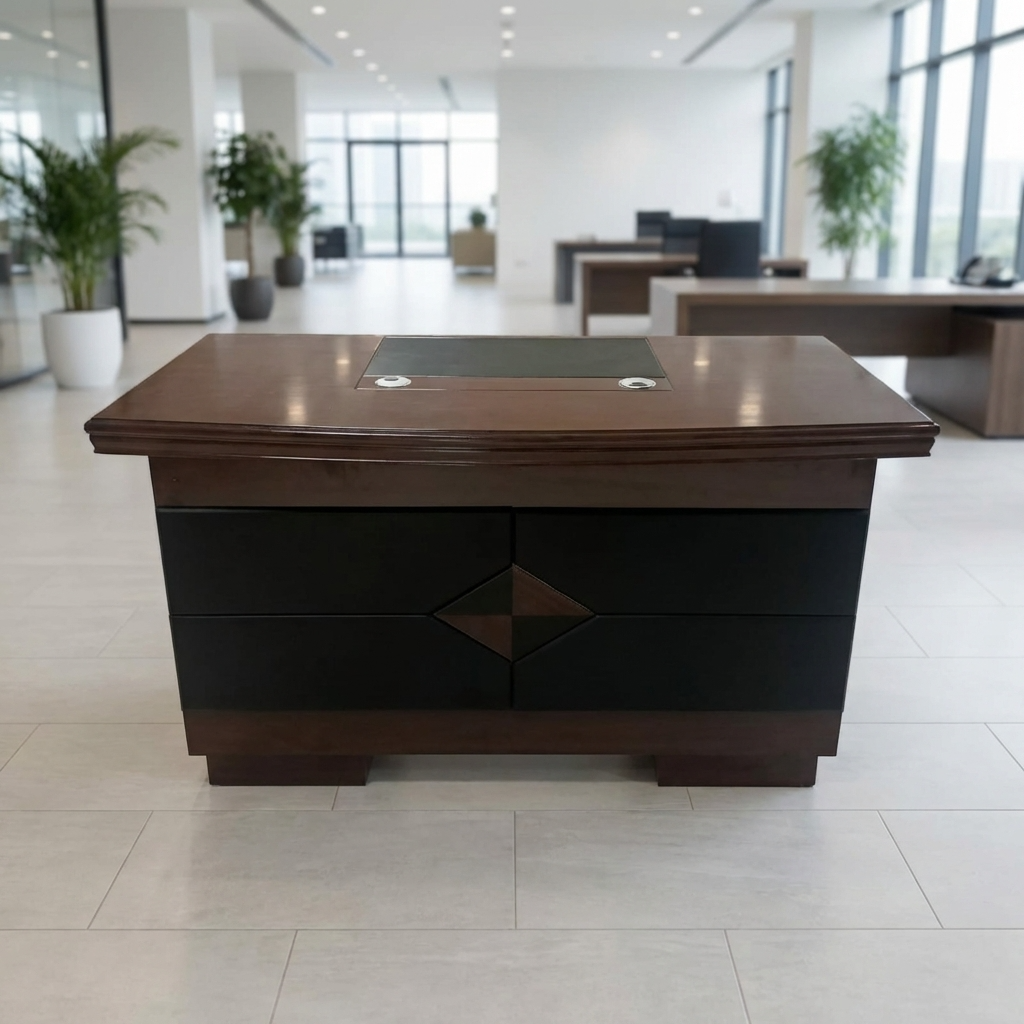 A 1.4-meter executive office desk in a classic mahogany finish with a set of fixed drawers.