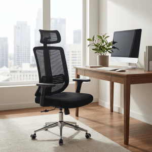Ergonomic adjustable office chair with mesh back, headrest, and chrome base.