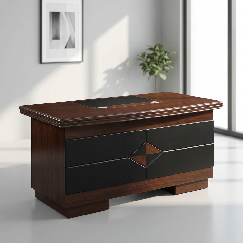 A 1.4-meter executive office desk in a classic mahogany finish with a set of fixed drawers.