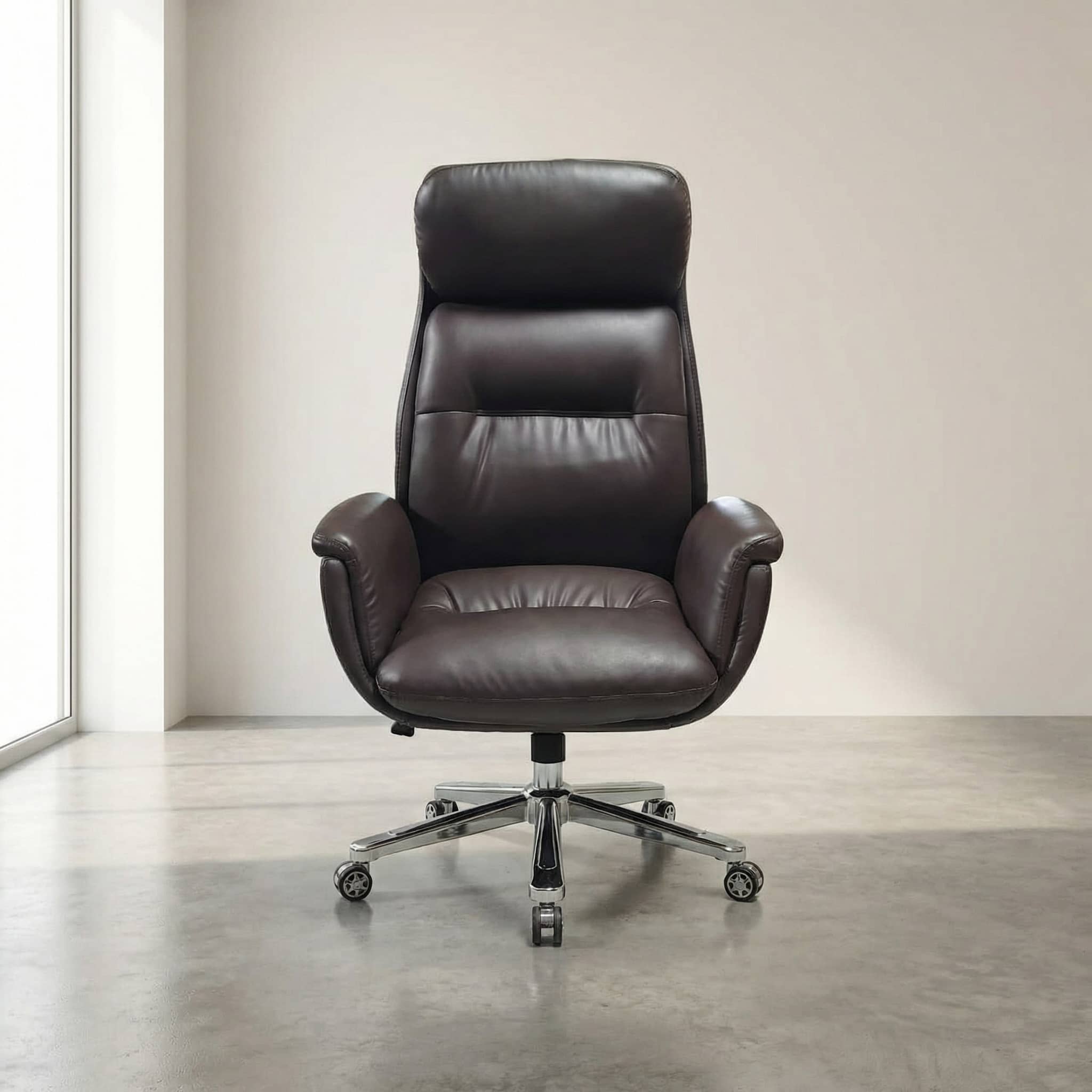 Brown faux leather executive office chair with ergonomic design and aluminum base