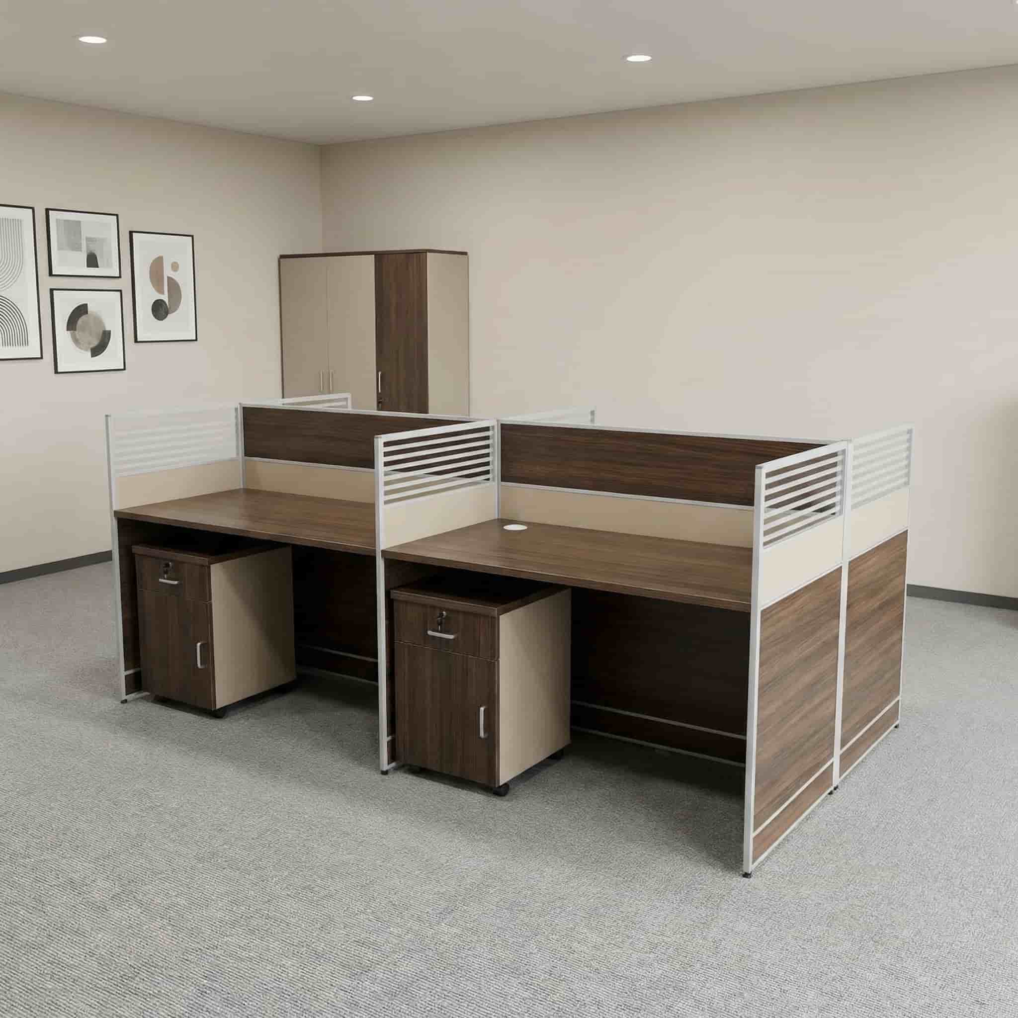 4-Way Office Workstation with partitions and storage cabinets