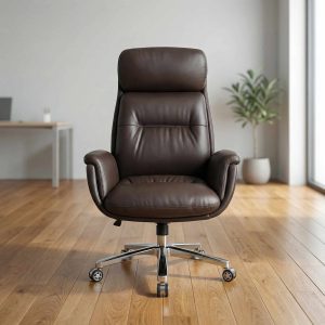 Brown faux leather executive office chair with ergonomic design and aluminum base