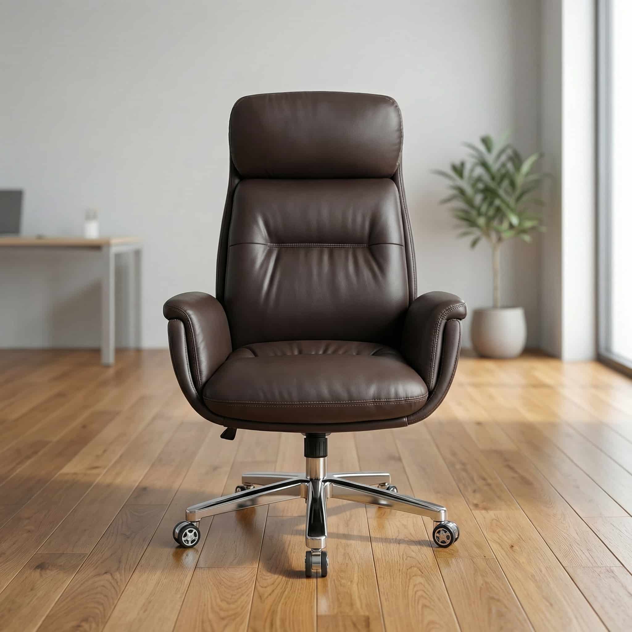 Brown faux leather executive office chair with ergonomic design and aluminum base