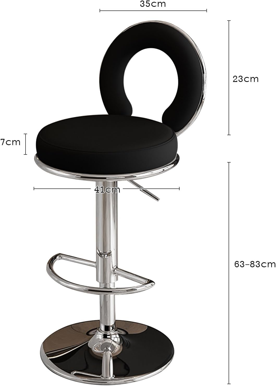 black swivel counter height barstool with silver base and circular backrest