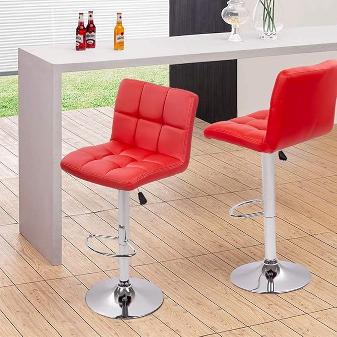 Red adjustable swivel bar stool with chrome base and PU leather seat