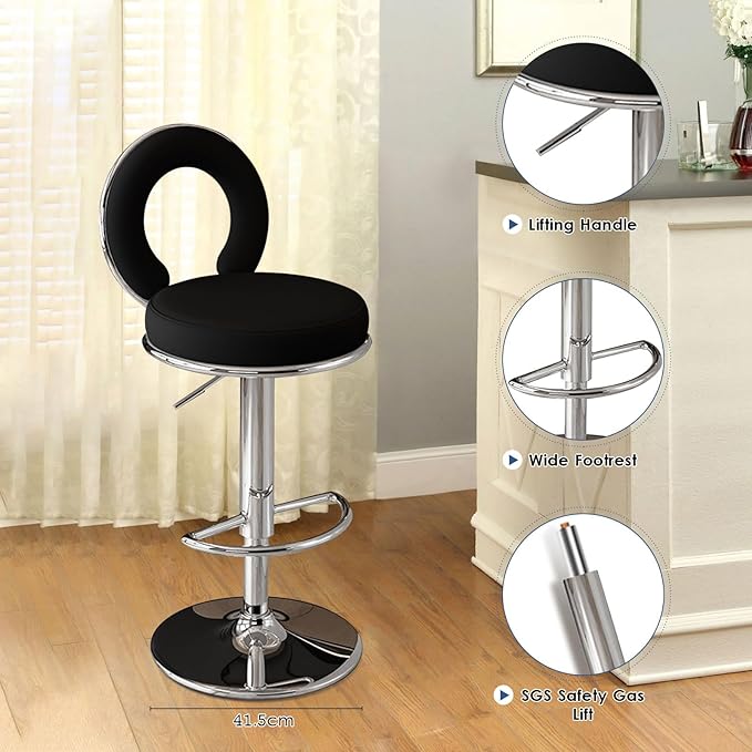 black swivel counter height barstool with silver base and circular backrest