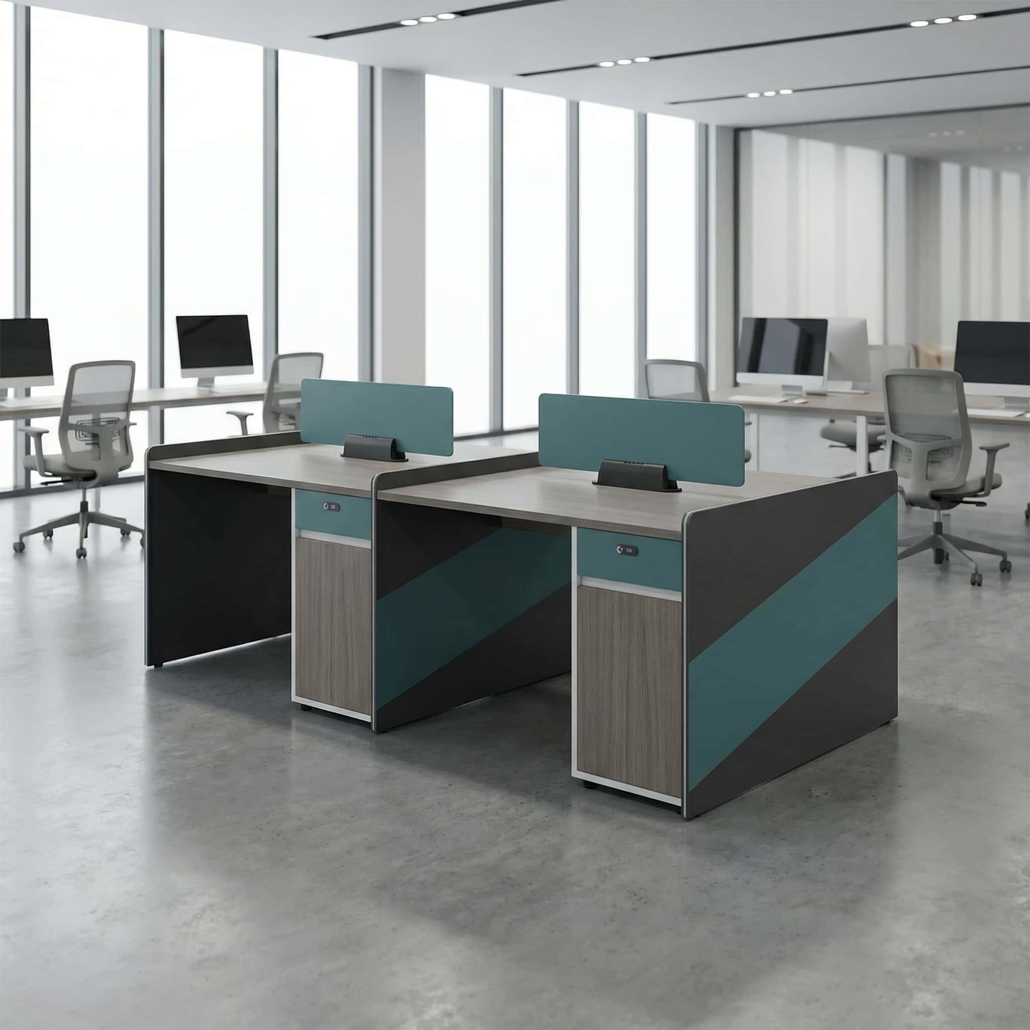 4-way open office workstation with privacy panels in modern office setup