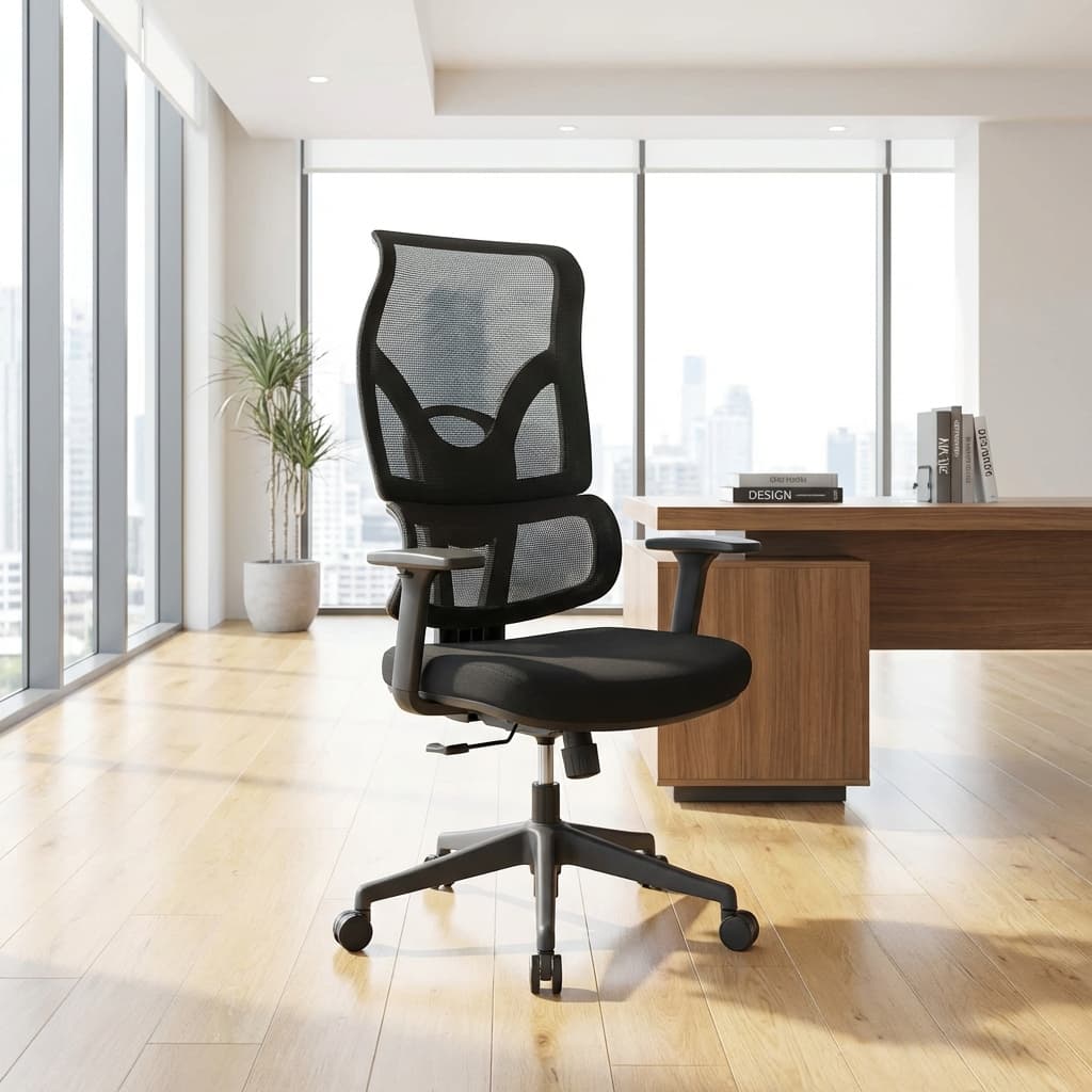 Black mesh ergonomic office chair with swivel base