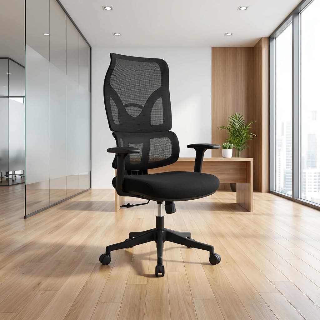 Black mesh ergonomic office chair with swivel base