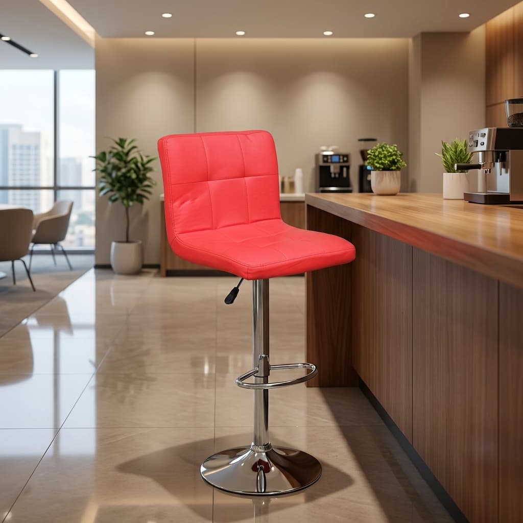 Red adjustable swivel bar stool with chrome base and PU leather seat