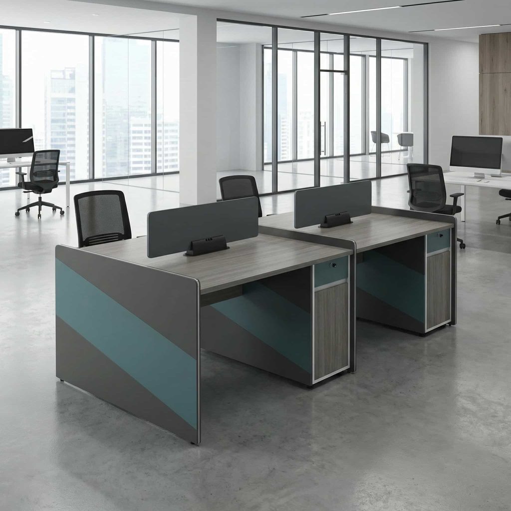 4-way open office workstation with privacy panels in modern office setup