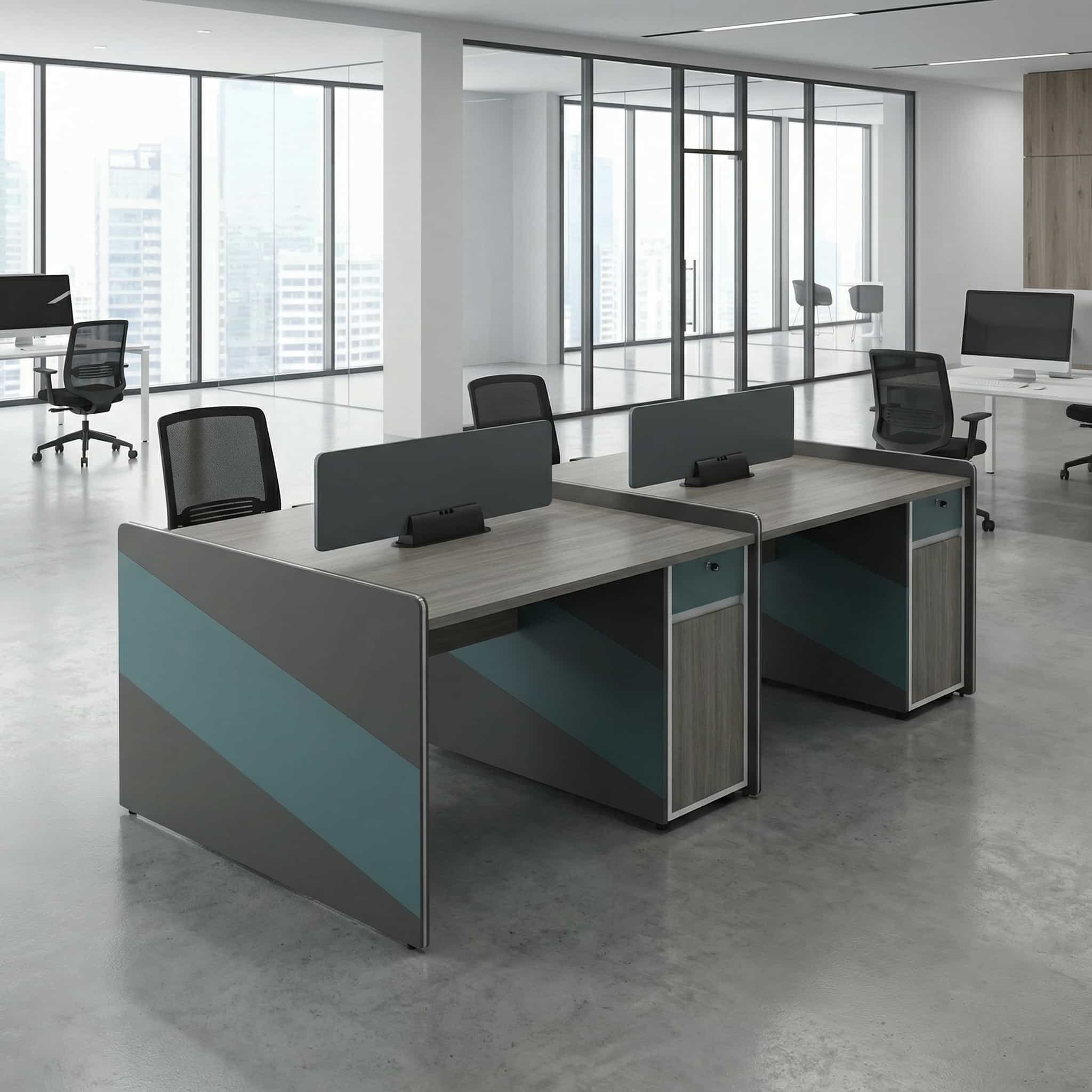 4-way open office workstation with privacy panels in modern office setup