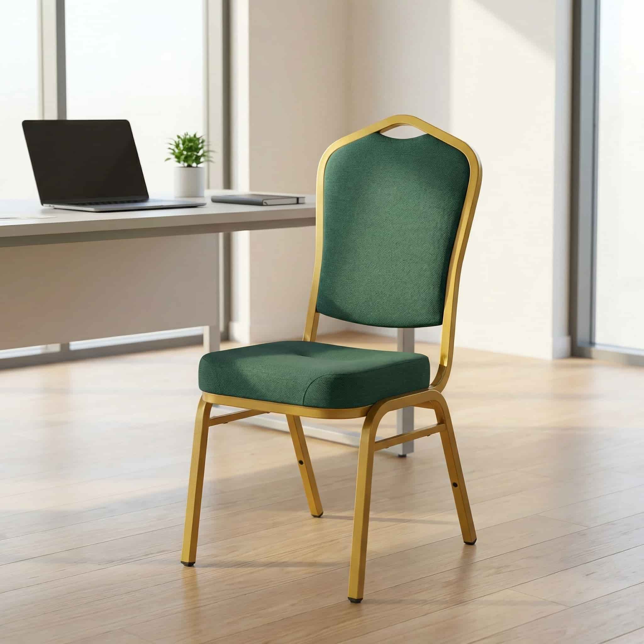 Heavy duty conference chair with green fabric and gold frame