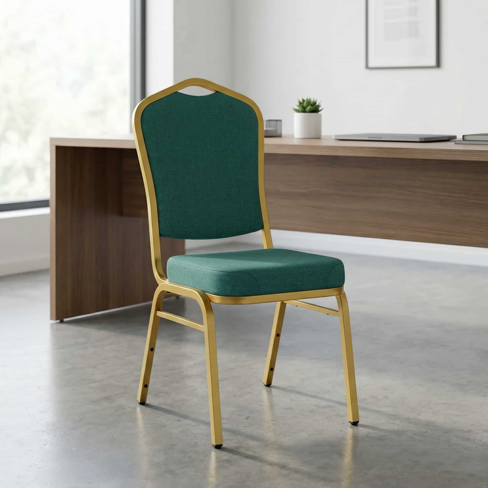 Heavy duty conference chair with green fabric and gold frame